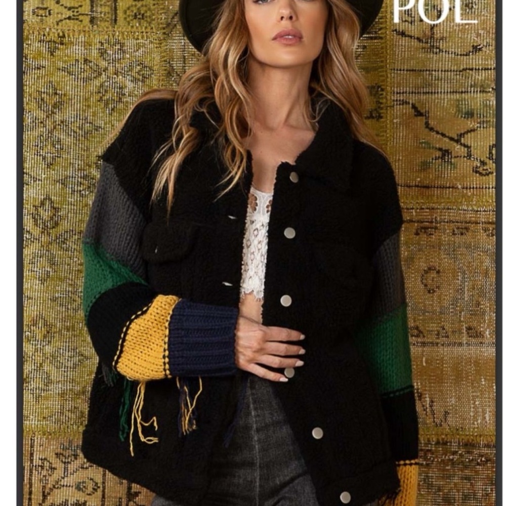 BP21đź–¤POL pristine black fleece trucker jacket w/mustard+ green sleeve details - Picture 7 of 8